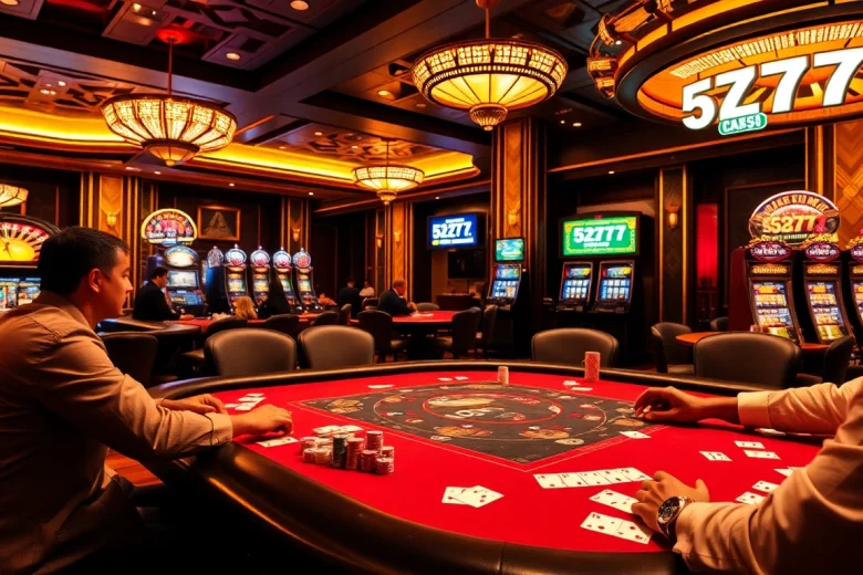 Experience the thrill of 5Z777 gaming with professional poker players at a luxurious casino table.