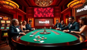Thrilling casino action at Man88 with roulette table and enthusiastic players.