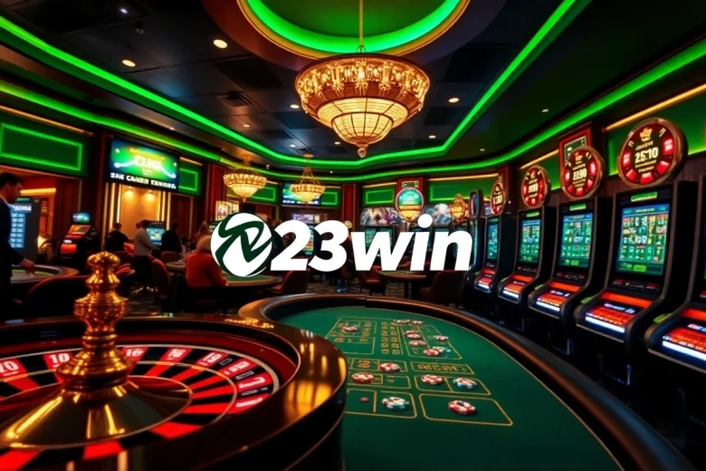 Experience thrilling online gambling excitement with 23win's vibrant casino scene featuring roulette, poker chips, and digital games.