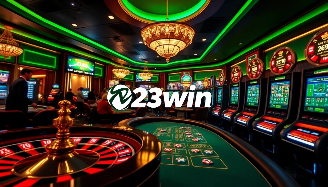 Experience thrilling online gambling excitement with 23win's vibrant casino scene featuring roulette, poker chips, and digital games.