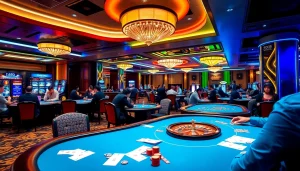 Players engaging at tables in Nhà Cái Luckywin's vibrant casino, showcasing poker, blackjack, and roulette excitement.
