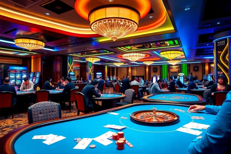 Players engaging at tables in Nhà Cái Luckywin's vibrant casino, showcasing poker, blackjack, and roulette excitement.
