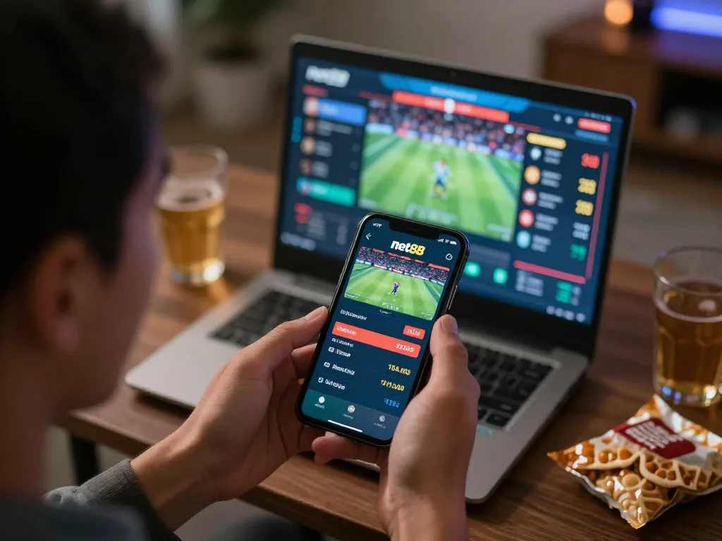 Action-packed net88 sports betting session on smartphone in a modern home setting.