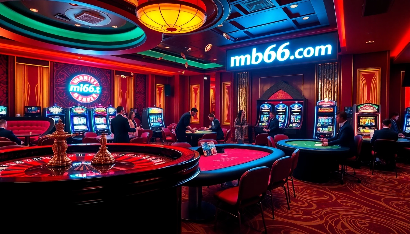 Experience the thrill of winning at mb66-t.com with vibrant casino action featuring poker tables and slot machines.