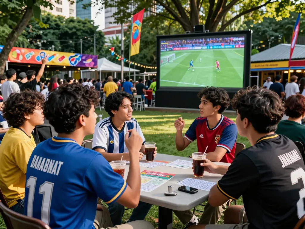 Sahabat yang terlibat dalam agen judi bola sambil menonton pertandingan sepak bola langsung di luar ruangan di lingkungan taman yang ramai.