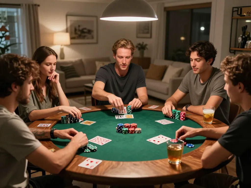 Casual home poker night, highlighting strategic gameplay and kèo nhà cái hôm nay among friends.