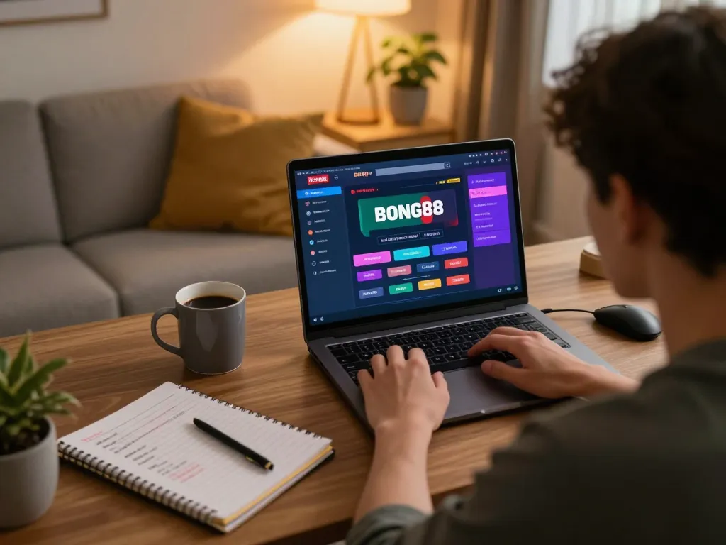 Bong88 user engaging in online betting on a laptop, showcasing strategic gameplay in a cozy home setup.