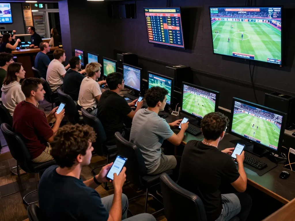 Tỷ lệ kèo nhà cái unfolds as bettors engage in vibrant sports lounge, mobile devices active.