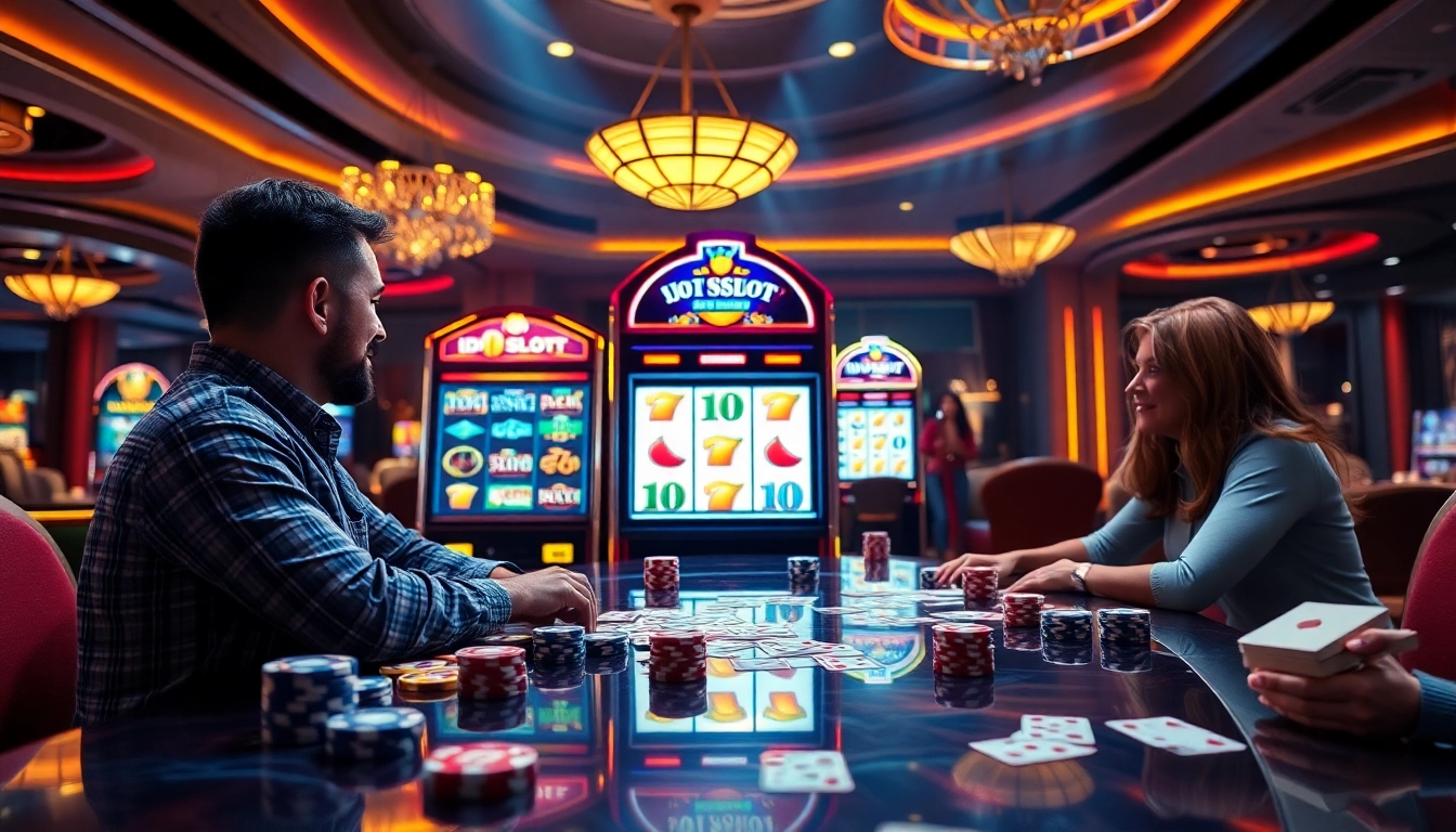 Engaged players enjoying idnslot at a vibrant casino with slots and cards.