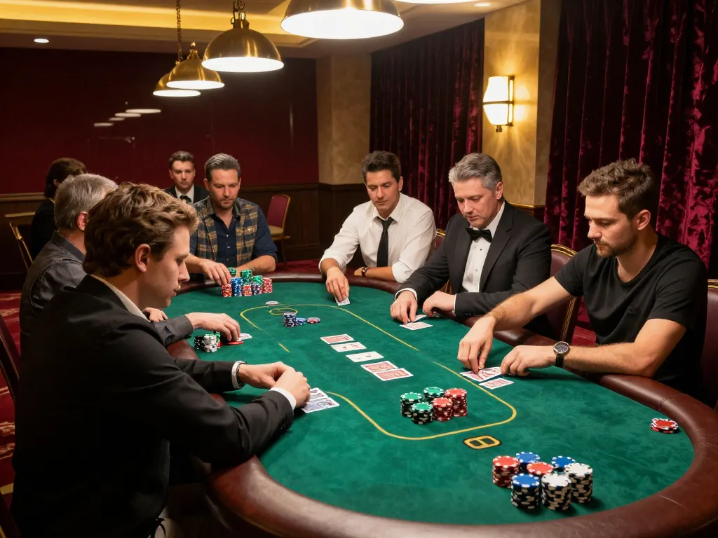 Players engage in a z16 poker game at a luxurious casino table with vibrant chips and focused strategy.