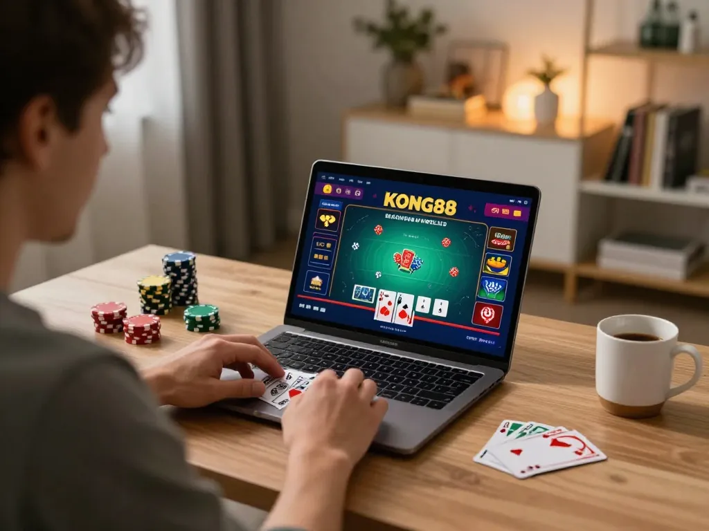 KONG88 online casino gameplay scene showing a focused player using a laptop for poker strategy.