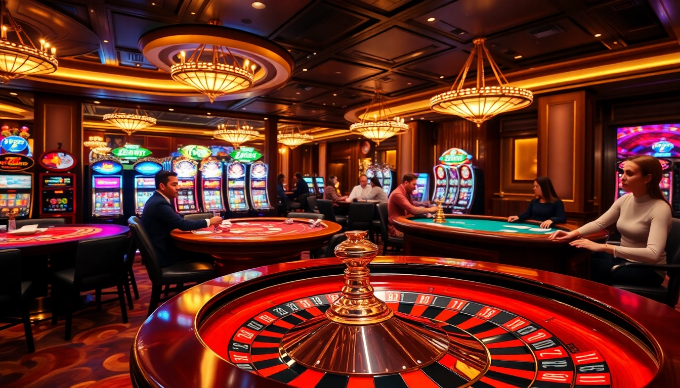 ZBET casino scene with lively players at poker and baccarat tables, capturing excitement and elegance.