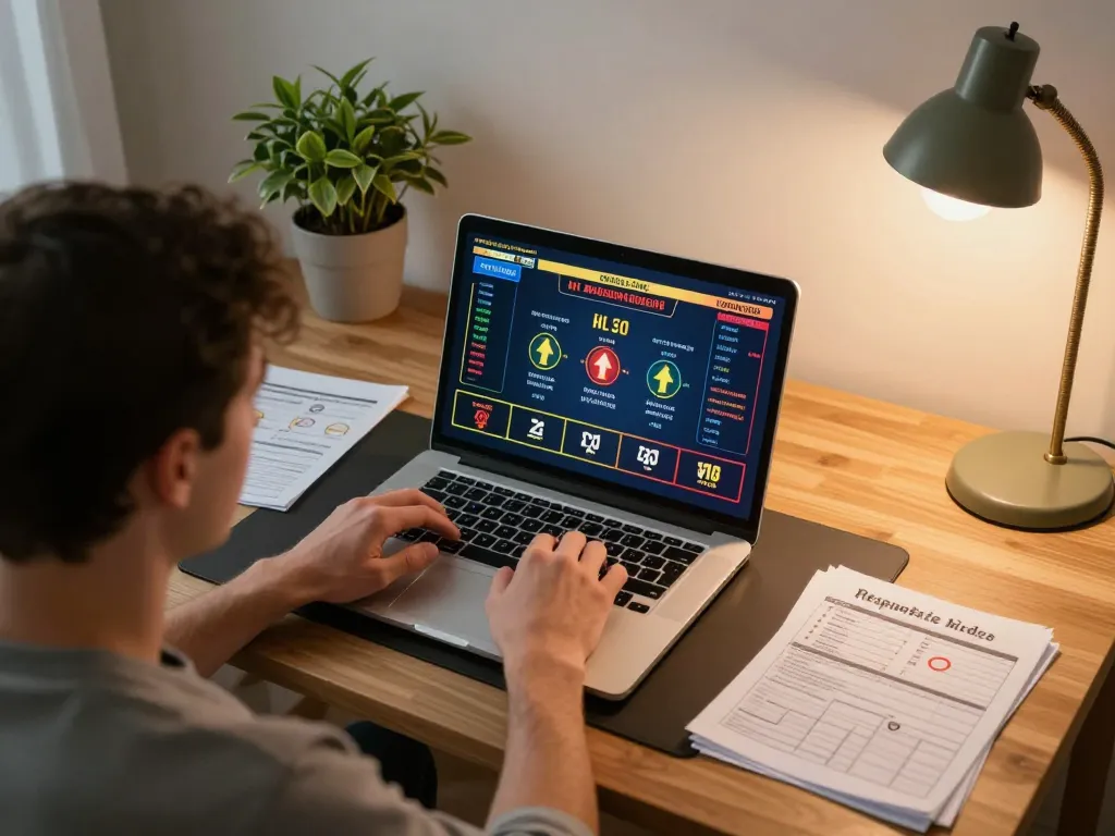 Pemain yang terlibat menggunakan aplikasi Ulat123 untuk perjudian online, dikelilingi oleh catatan strategi dan laptop.