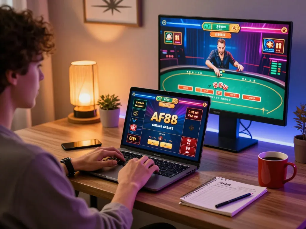 Engaging gameplay at AF88 online casino with strategic notes and cozy home atmosphere