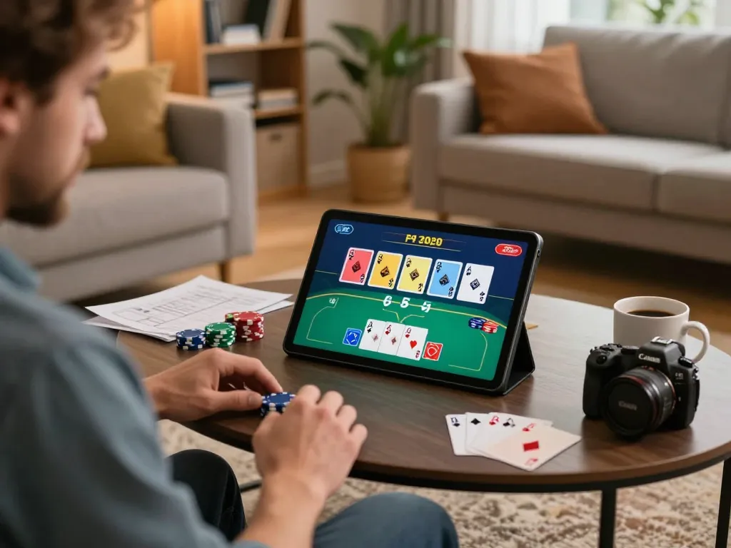 Player using tablet to engage in live poker at home, hytw3339 themed gaming atmosphere.