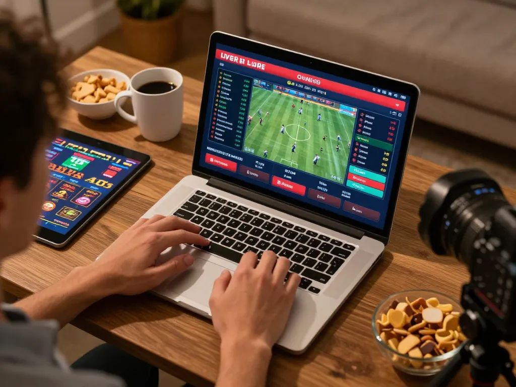 Engaging sports betting session at home with sg777, showing live odds on a laptop and tablet.
