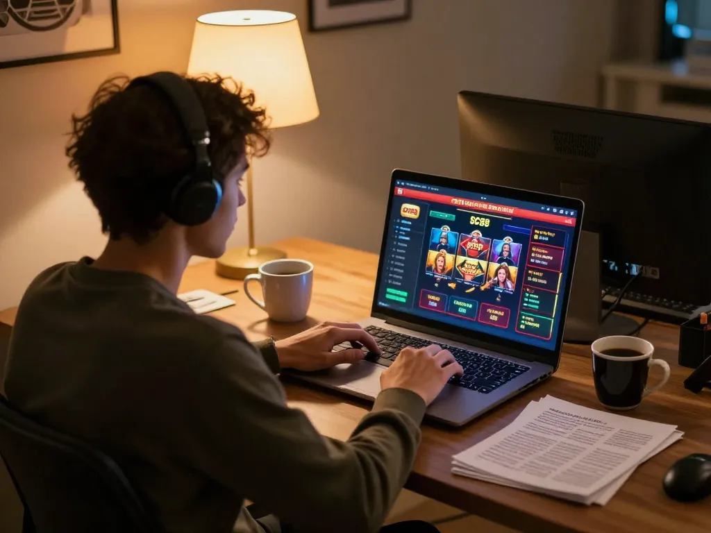 Engaging in strategic SC88 online gaming at home with a laptop and notes.
