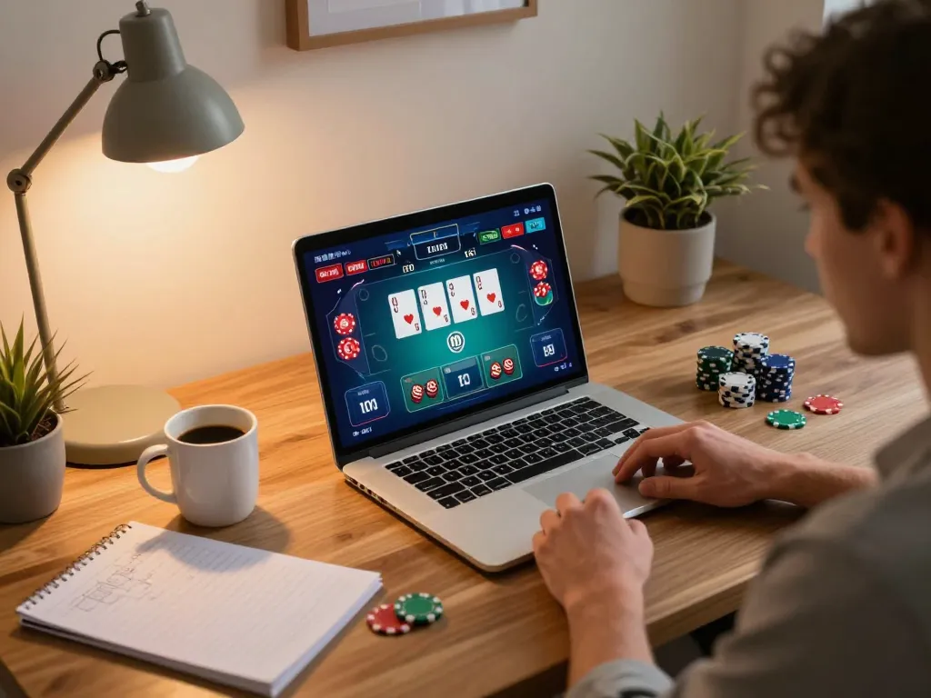 7M player strategizing in a dynamic online poker game from a stylish home office environment.