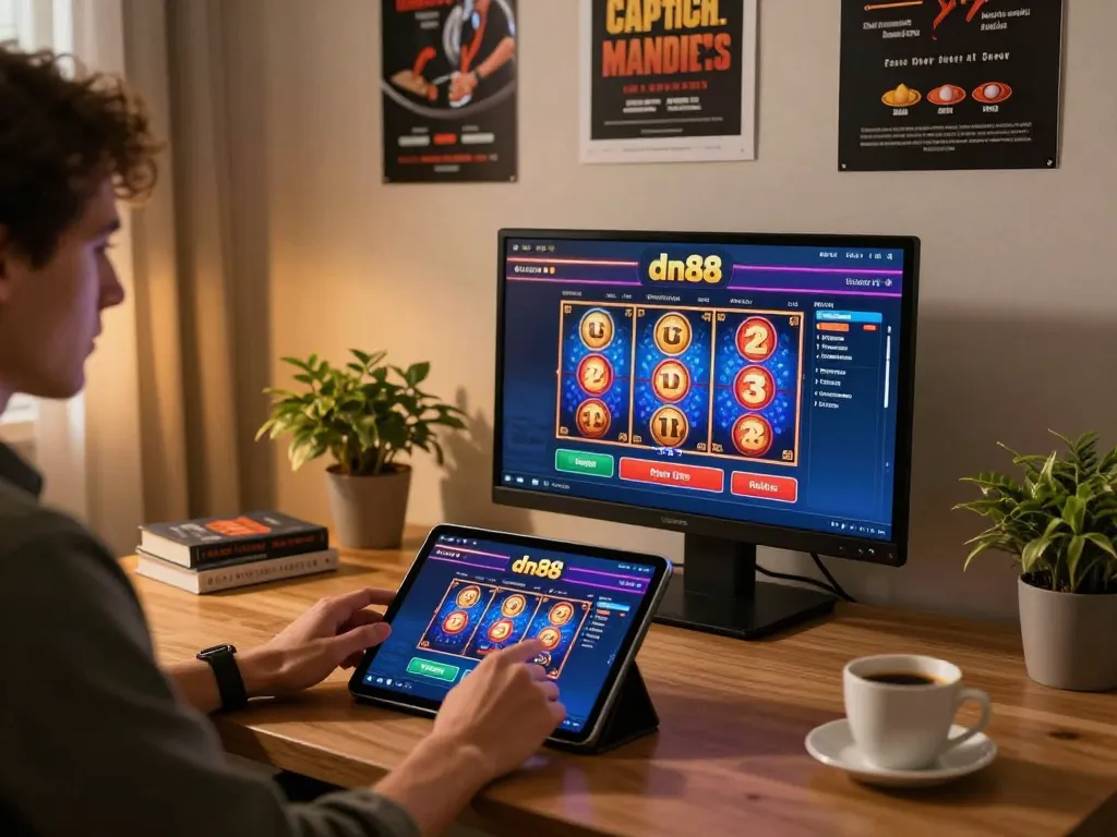 Engaging with the dn88 casino interface at home, showcasing a vibrant online gaming experience.