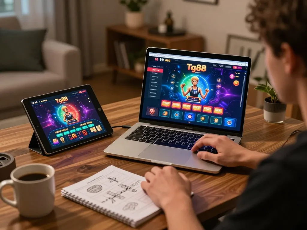 Person engaging in tg88 online gaming with laptop and tablet, showcasing a cozy strategic setup.