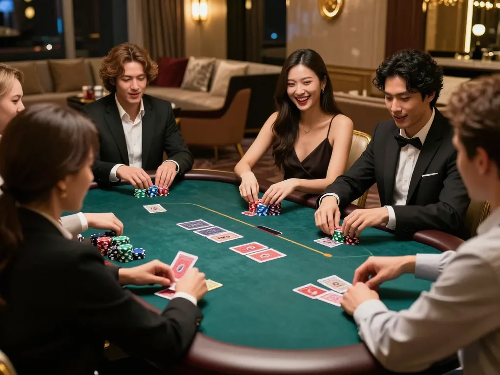Friends enjoying a strategic poker game at go8 casino, vibrant atmosphere and colorful chips.