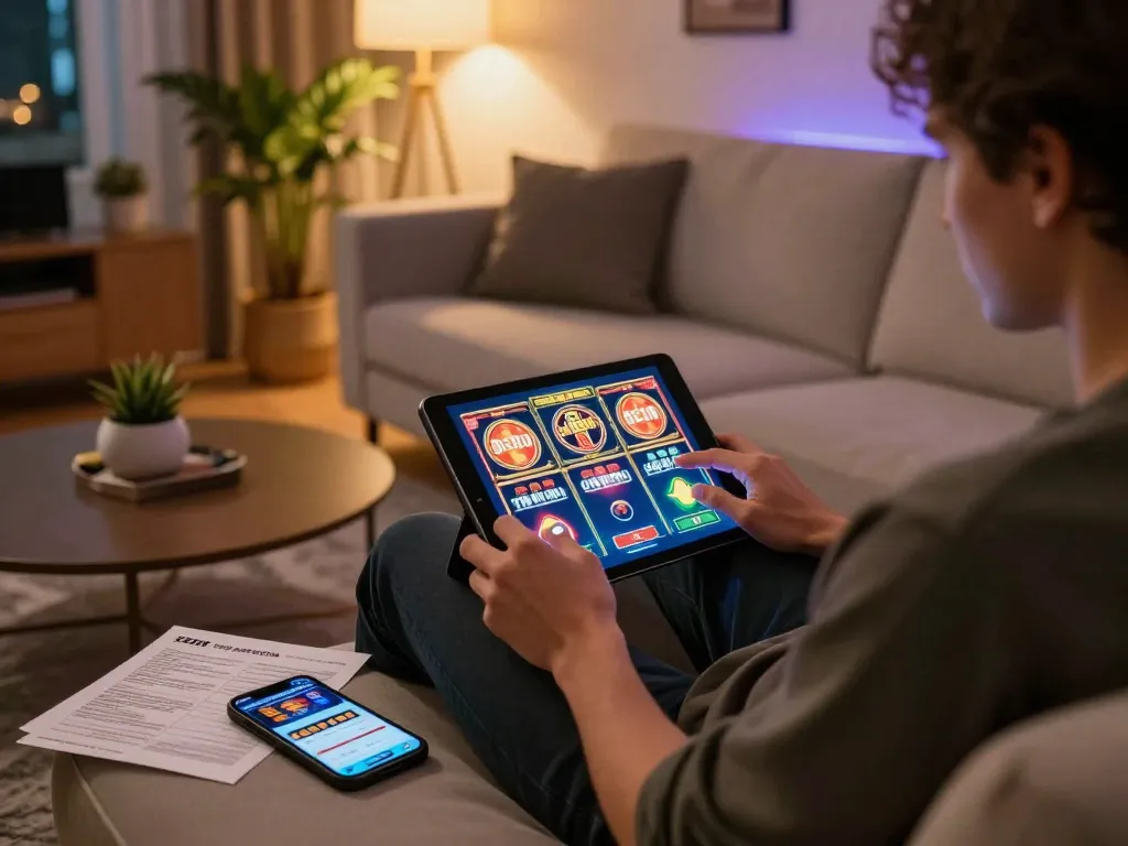 Người chơi tận hưởng trò chơi slots trực tuyến tại nhà với máy tính bảng lucks8 trong không gian ấm cúng, nâng cao trải nghiệm chơi game