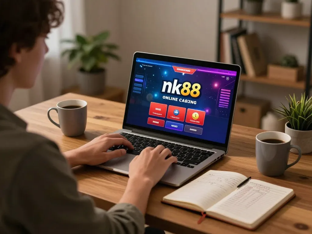 Engaging player enjoying nk88 online casino experience from home, focused and strategic gaming atmosphere.