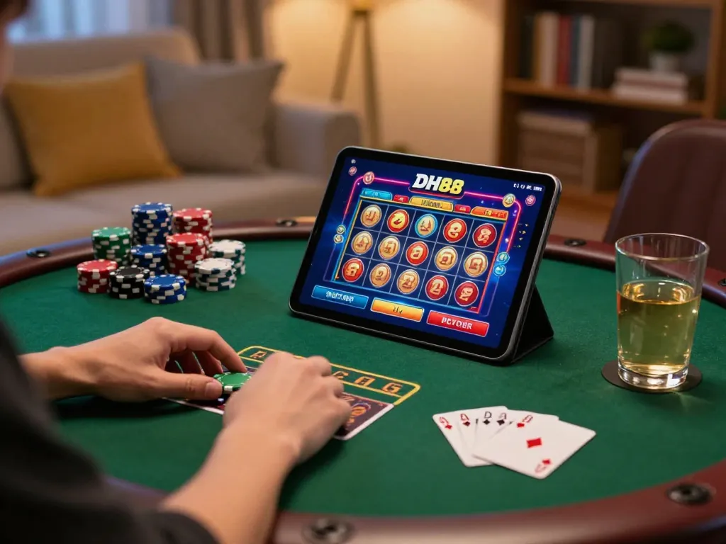 User enjoying the DH88 casino app on a tablet while engaging in a lively online gambling session.