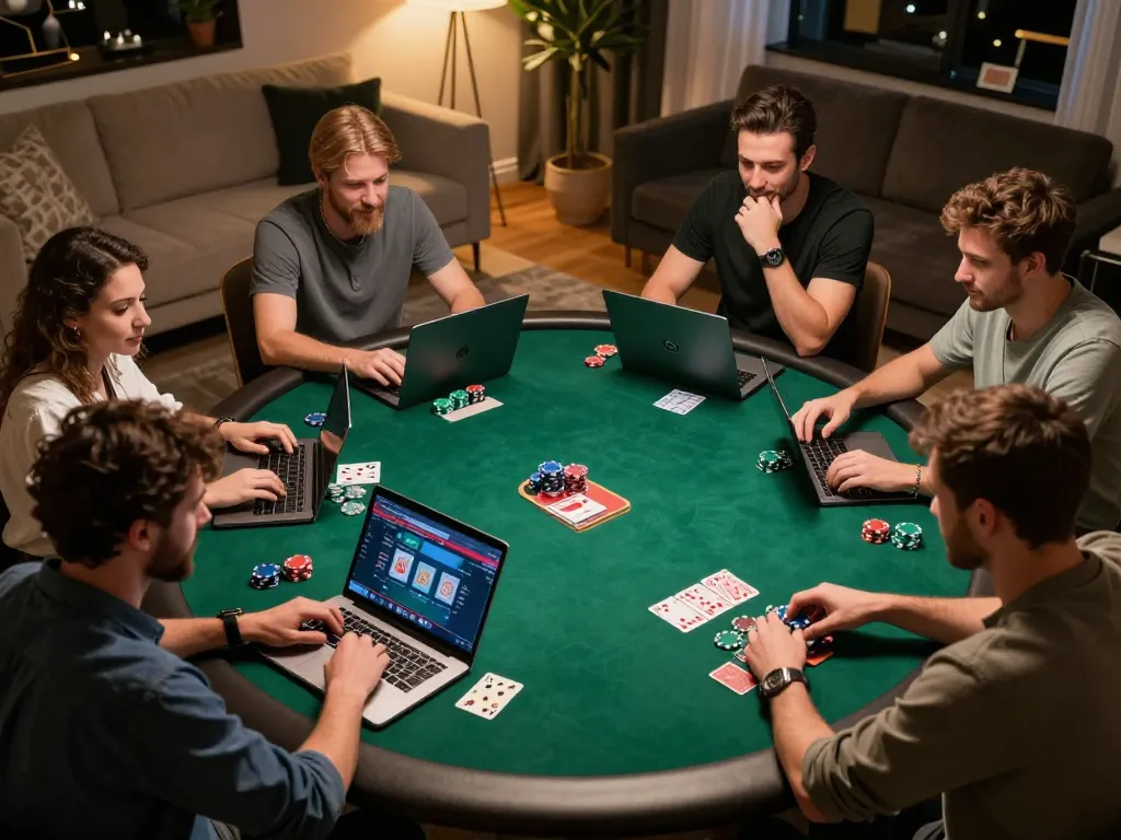 Players are engaged in strategic gameplay during an online poker night, showcasing lsa in a cozy, upscale living room setting.