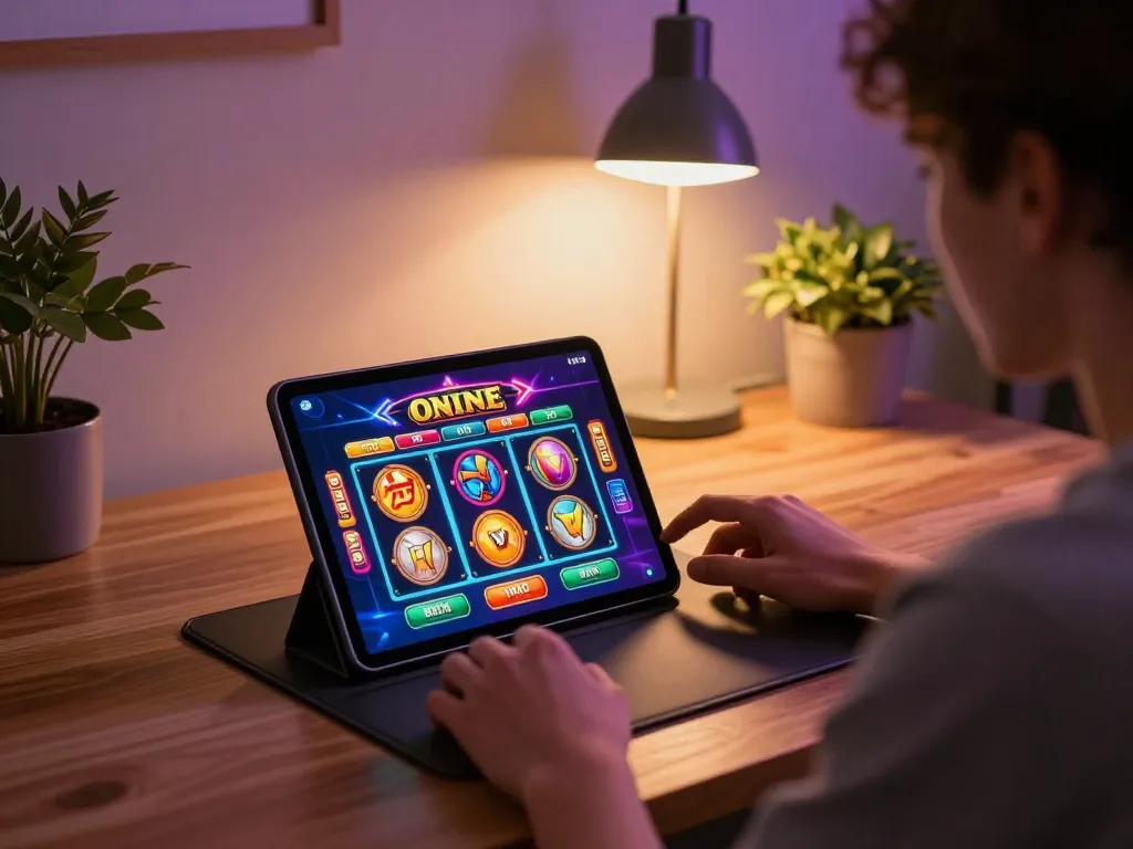 Engaging gameplay at link gacor online slots on a tablet in a cozy home setting