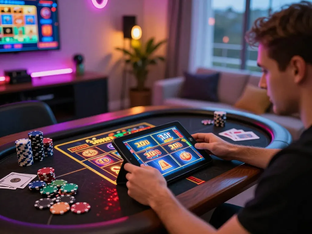 Player enjoying slots on 32win tablet in cozy home setting, conveying excitement