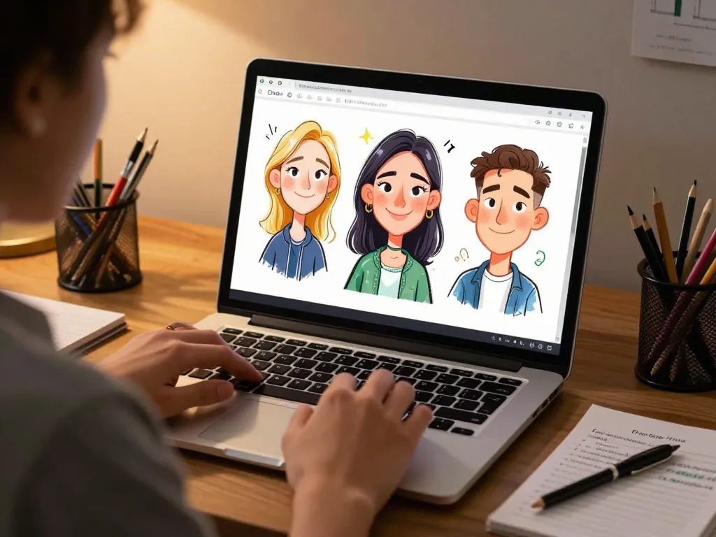 Creating a Chatgpt caricature on a laptop in a cozy home office with art supplies around