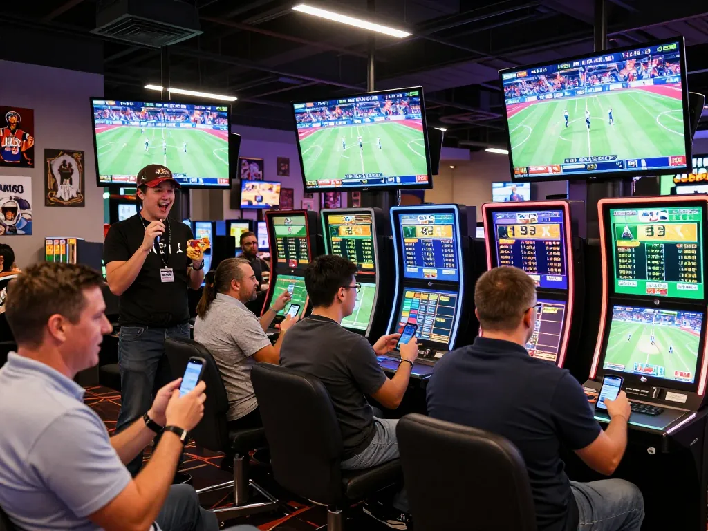 Engaging in real-time betting action on Canadian online casinos with live sports screens and excited patrons