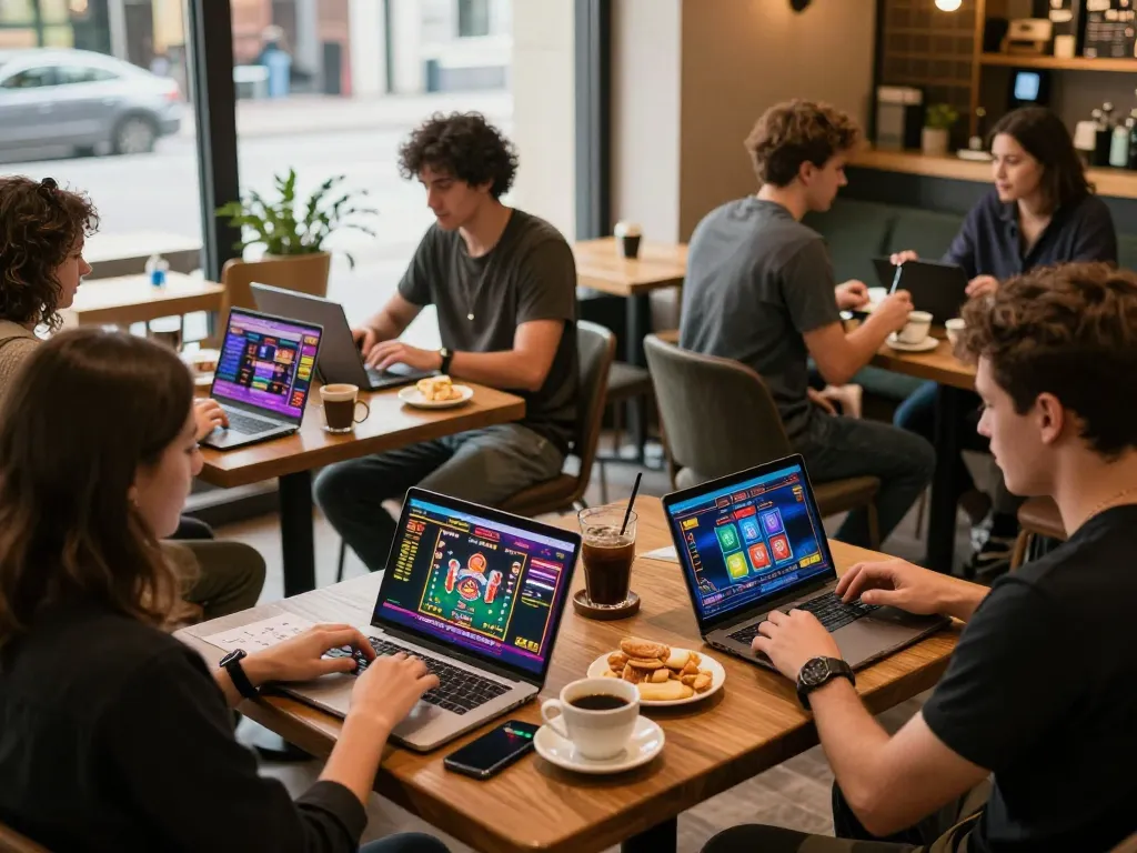 Engaged players at TG88 enjoying online casino games on laptops and smartphones in a cozy coffee shop environment.