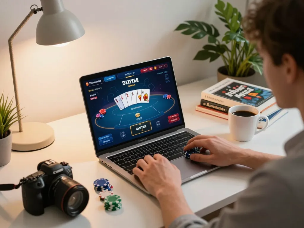 Pemain Kenzototo aktif berpartisipasi dalam poker online, menunjukkan permainan strategis di lingkungan rumah yang nyaman