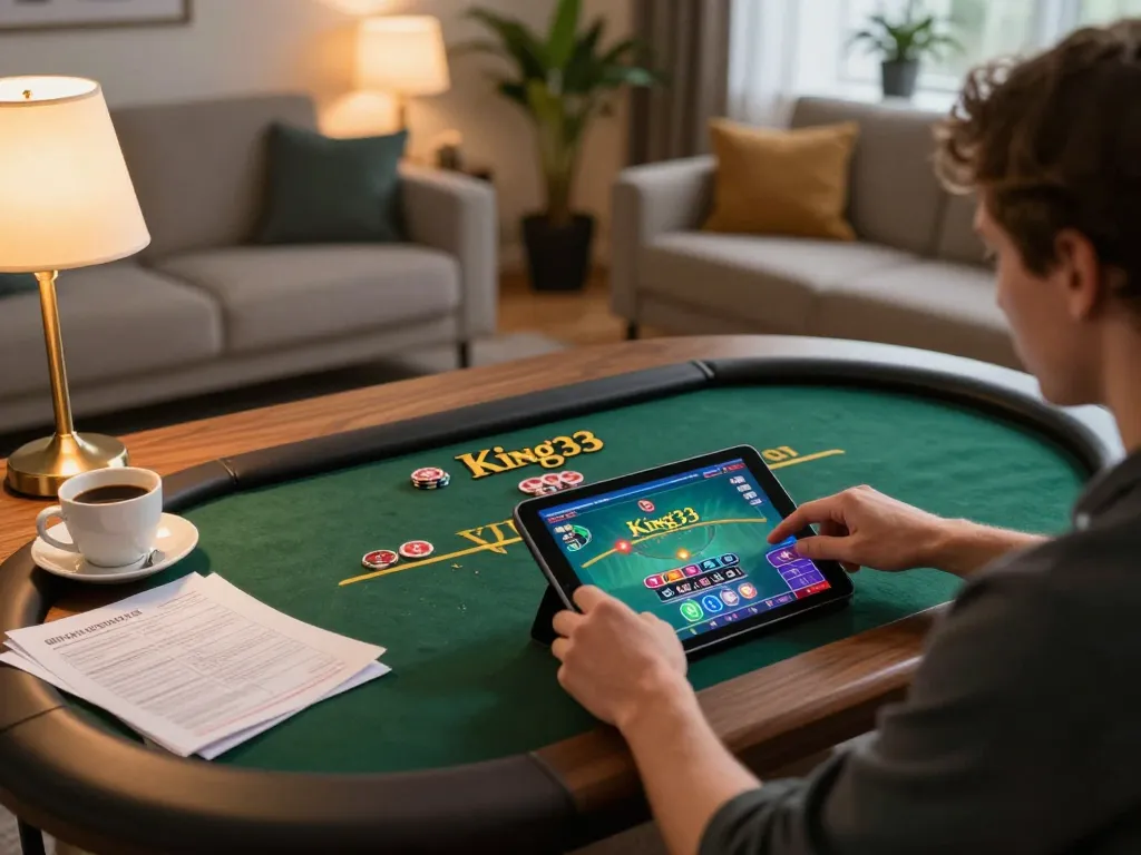 Engaging in online poker gameplay at King33 with strategic notes and cozy setup