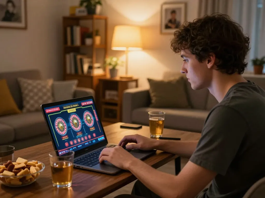 Player engaging in online casino games at home using cm8888, laptop screen displaying interactive gameplay interface
