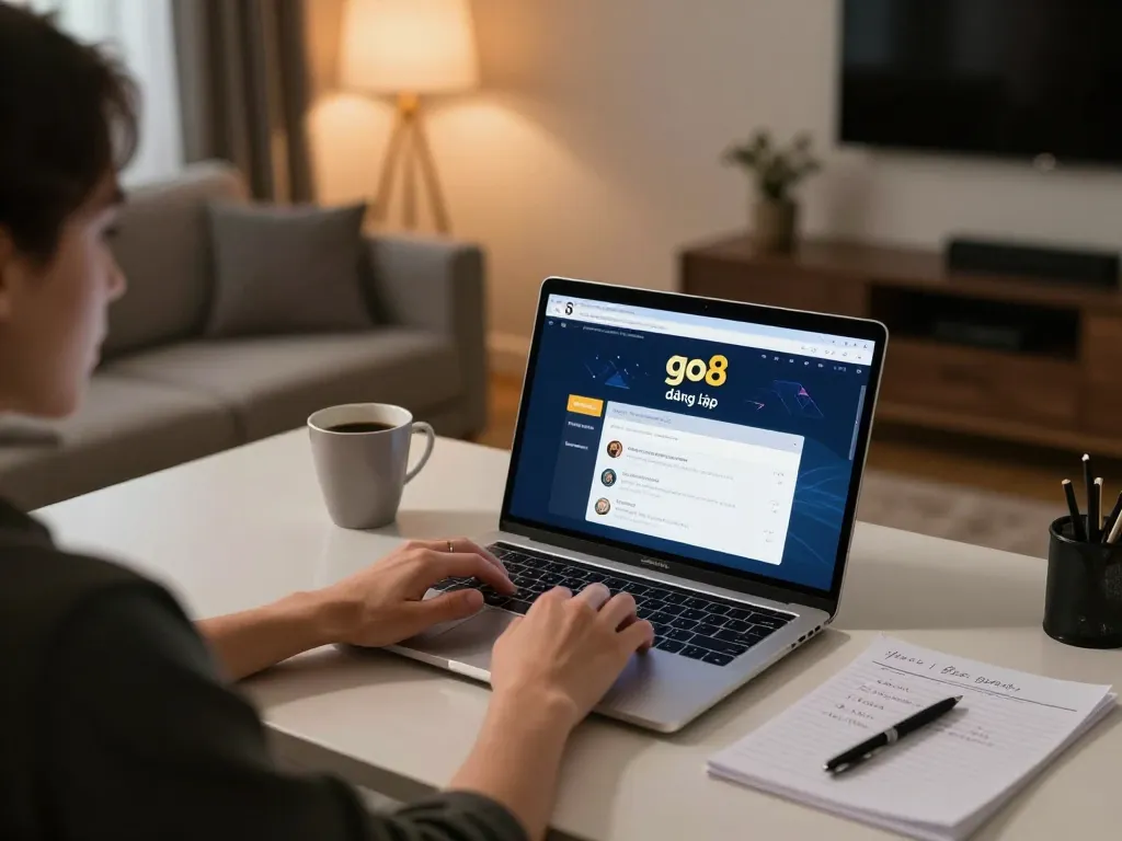 Experience go8 đăng nhập at home with a sleek setup for online betting featuring a laptop and strategic notes