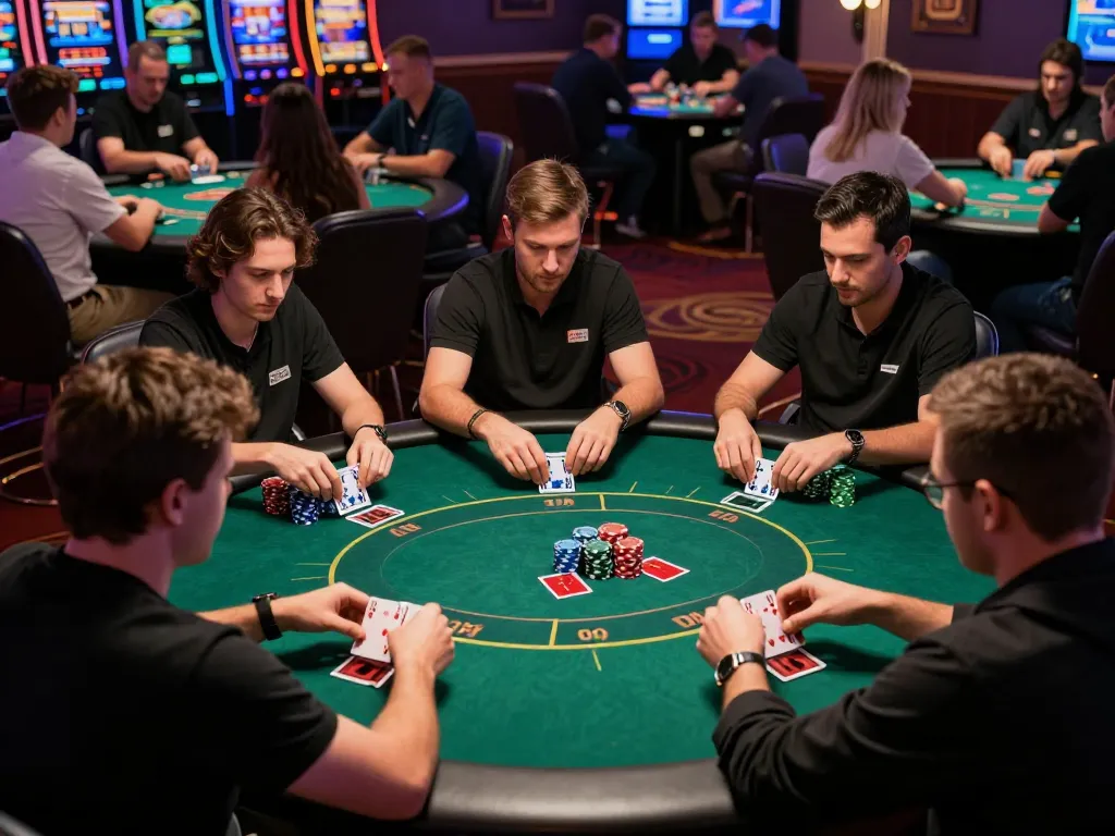 Players engaging in strategic poker gameplay at OKFUN casino, showcasing a vibrant atmosphere with competitive energy.