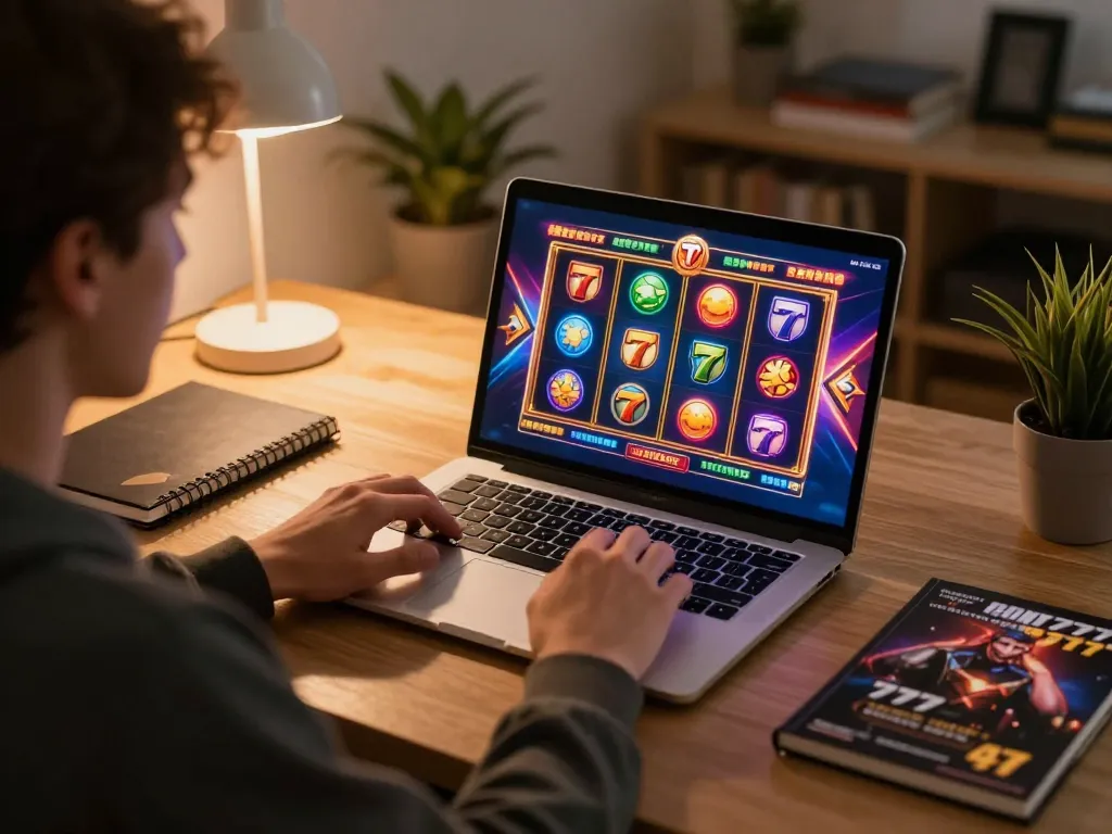 Engaging player spinning slot 777 online, showcasing vibrant interface and cozy setup.