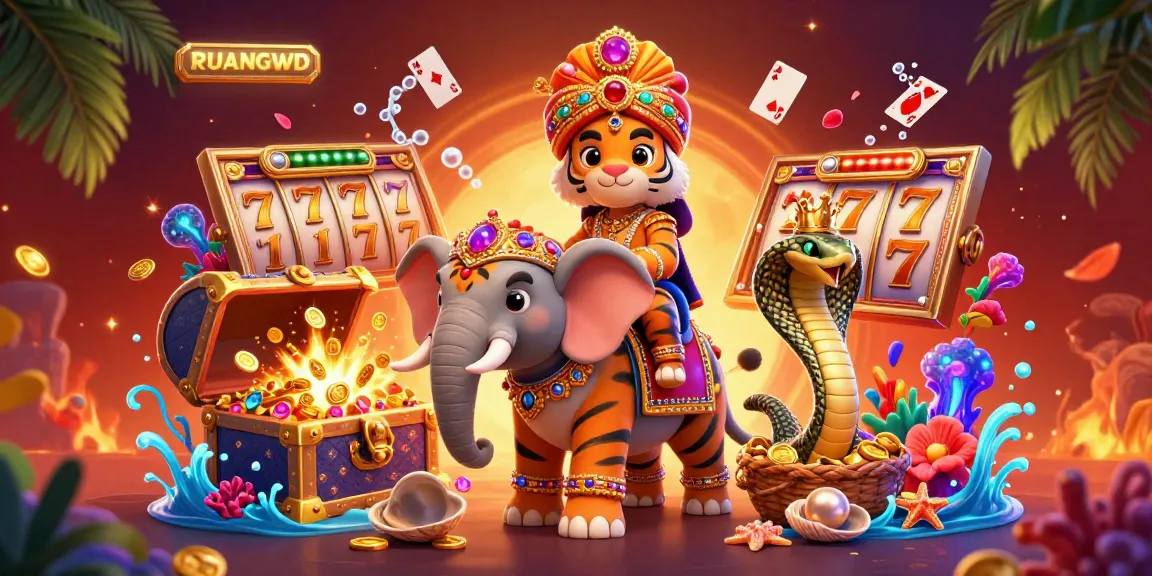 Engage with RUANGWD's immersive online gaming experience featuring a vivid 3D illustration of a maharaja tiger and an elephant, surrounded by exciting casino elements.