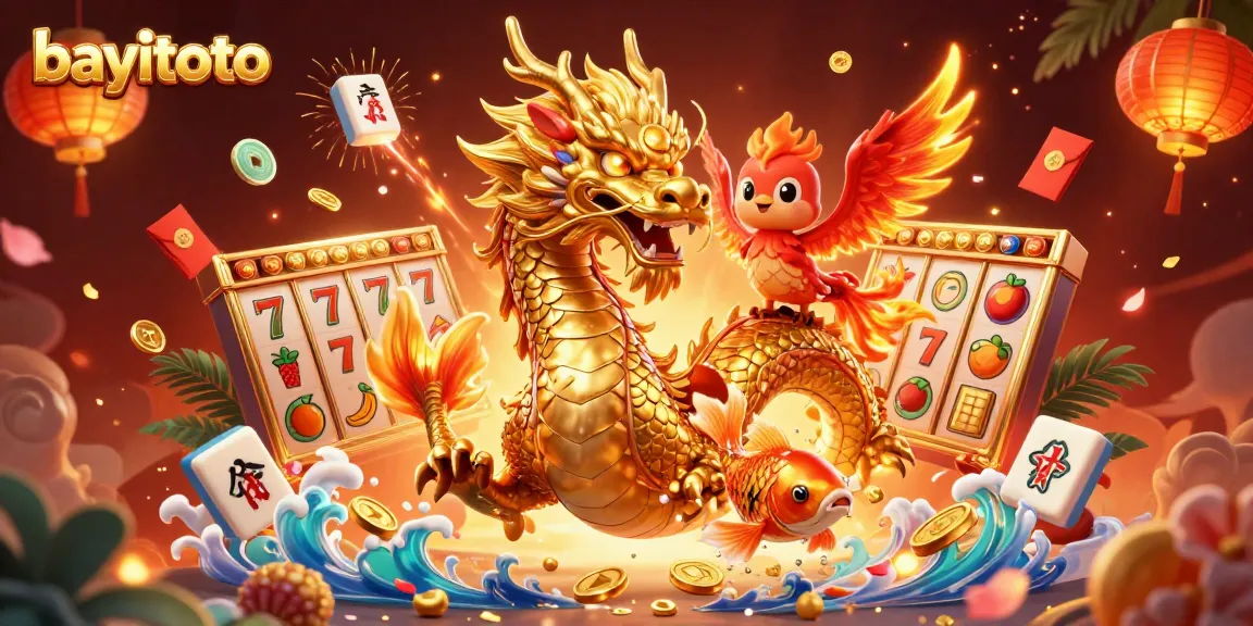 Win big with bayitoto's captivating slots featuring a dragon and phoenix amidst a whirlwind of coins.