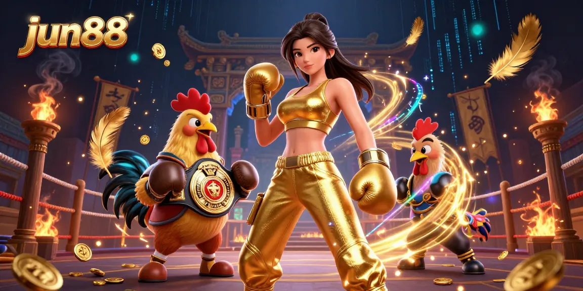 win exciting prizes at jun88 with this action-packed cartoon illustration showcasing dynamic casino elements