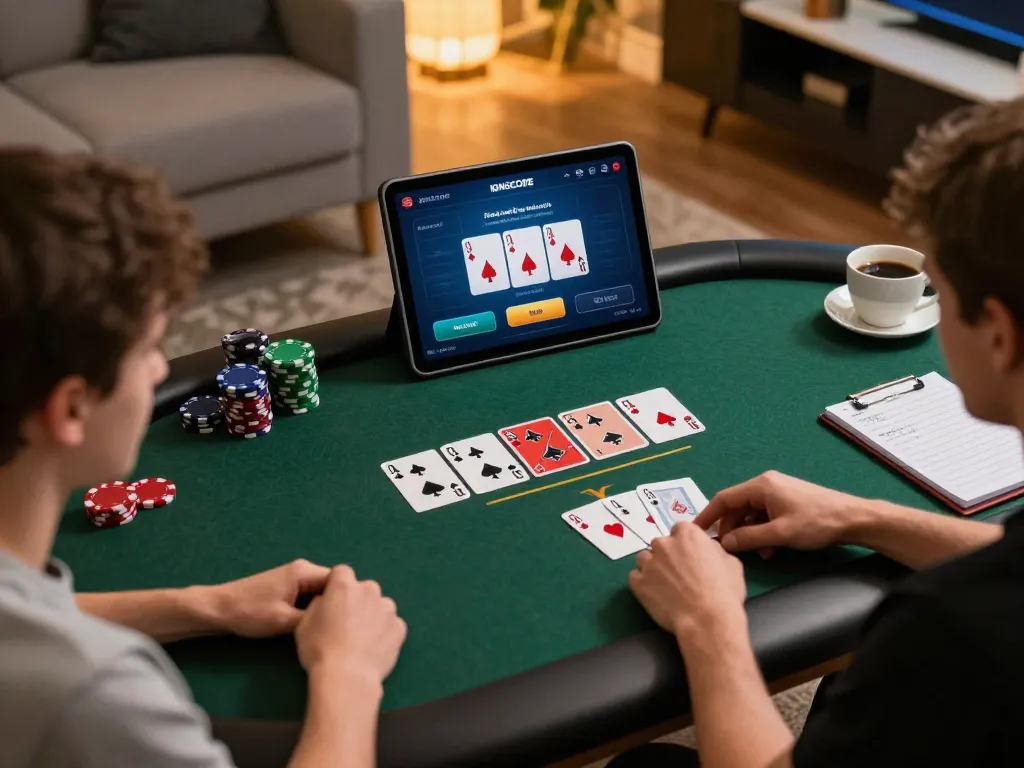 IDNSCORE online poker players enjoying a strategic session at home with cards and betting options visible on screen