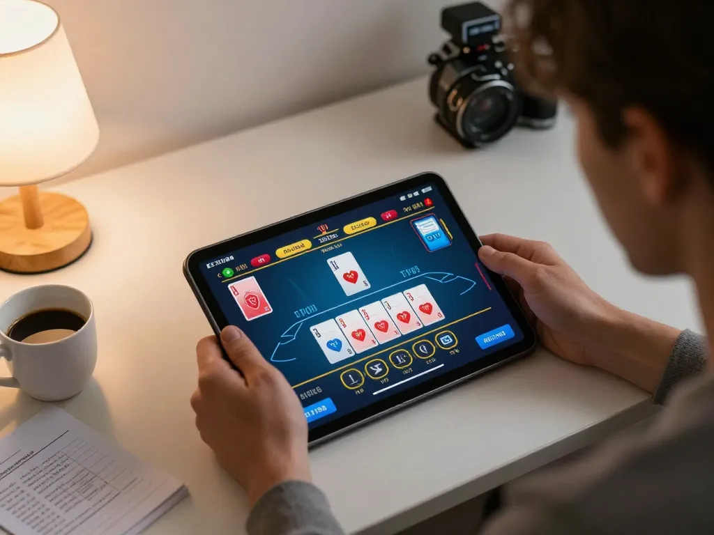 Engaging in online baccarat while reviewing m115 strategy notes in a cozy home setting