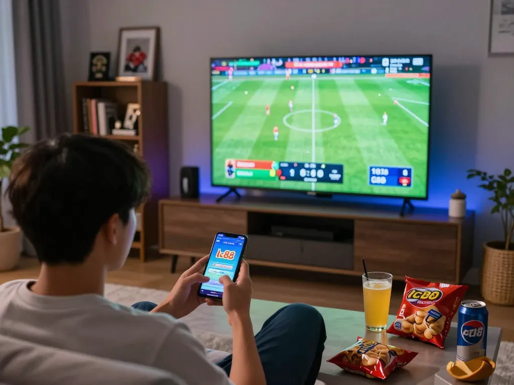 Engaged player using lc88 mobile app while watching live sports from home.