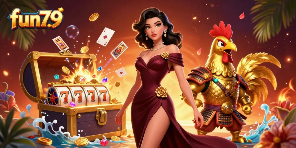 Experience fun79's thrilling casino atmosphere with dramatic characters and vibrant game elements.