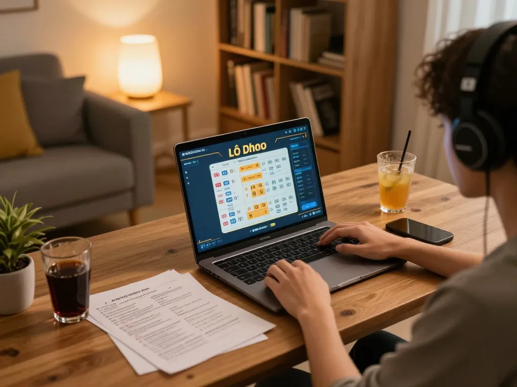 Lô đề online gaming session on laptop with cozy home environment and betting notes.