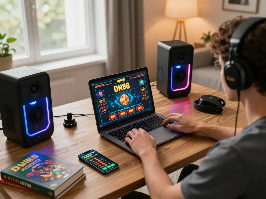 Experience DN88 online gaming with a cozy home setup featuring laptop and strategy notes.