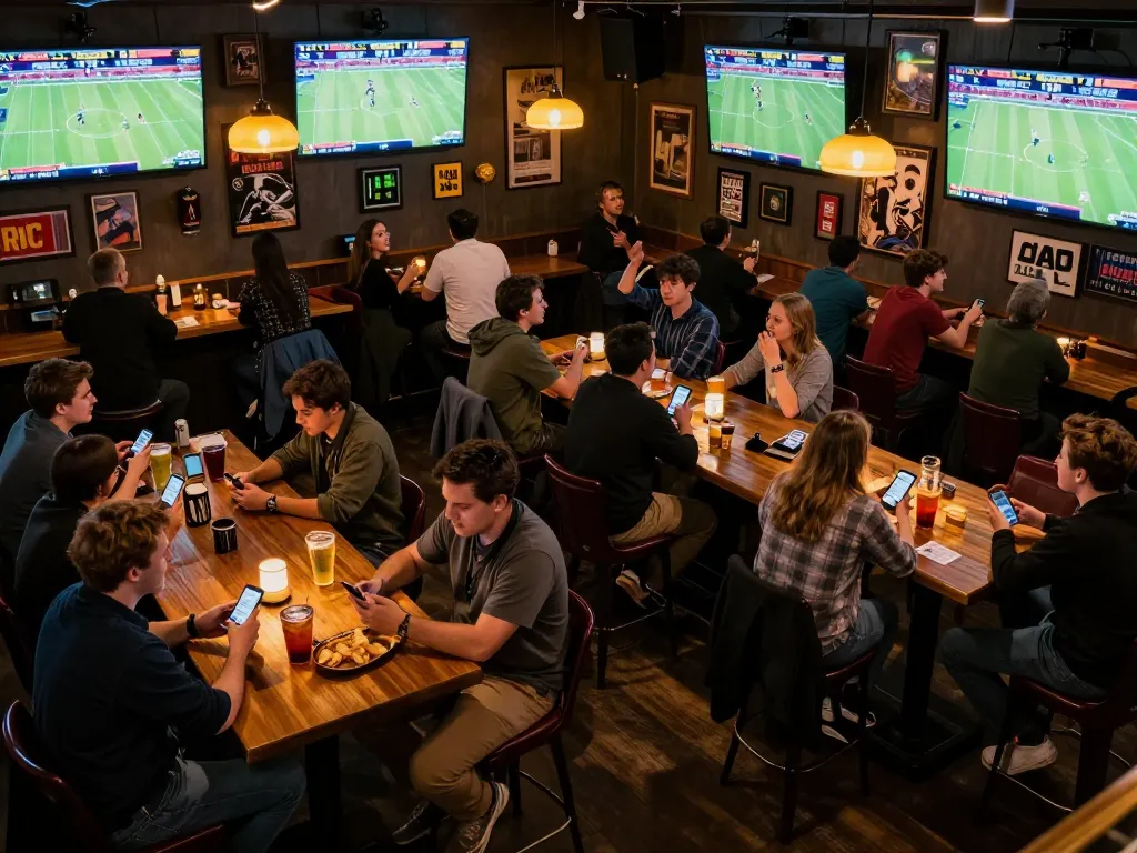 Kuwin gamblers celebrate wins during an exciting sports betting night at a lively bar.